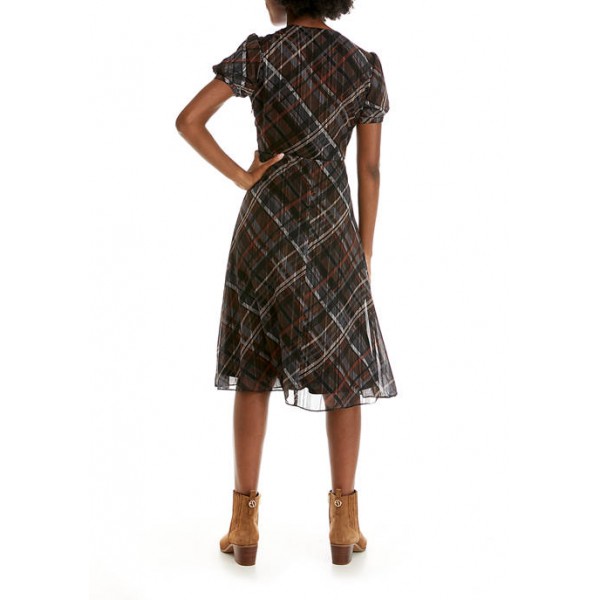Ronni Nicole Women's Short Sleeve Sheer Plaid Fit and Flare Dress