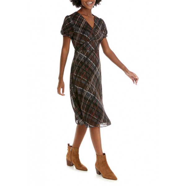 Ronni Nicole Women's Short Sleeve Sheer Plaid Fit and Flare Dress