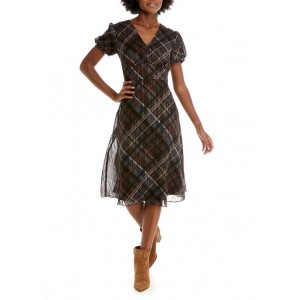 Ronni Nicole Women's Short Sleeve Sheer Plaid Fit and Flare Dress 