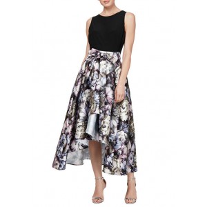 SLNY Sleeveless Solid Top Printed Skirt Belted Party Dress 