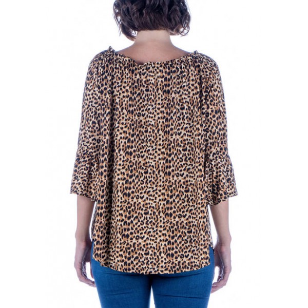24seven Comfort Apparel Women's Animal Print Elastic Neckline Tunic Top