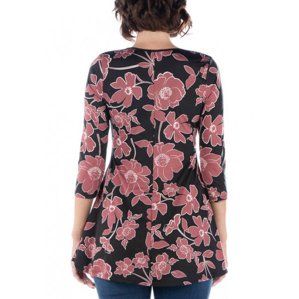 24seven Comfort Apparel Women's Floral Print V Neck Flared Tunic Top
