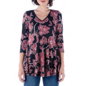 24seven Comfort Apparel Women's Floral Print V Neck Flared Tunic Top