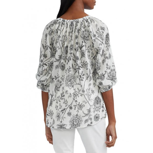Chaps 3/4 Sleeve Printed Cotton Crinkle Top