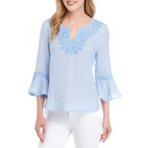 Crown & Ivy™ Bell Sleeve Embroidered Neck Top 