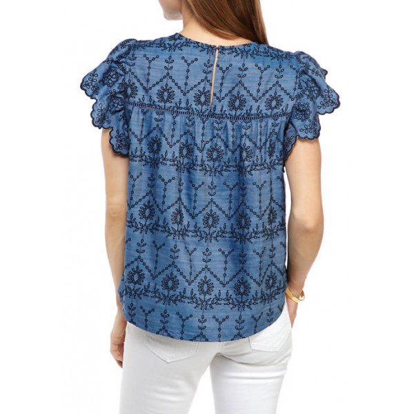 Crown & Ivy™ Women's Flutter Sleeve Embroidered Top