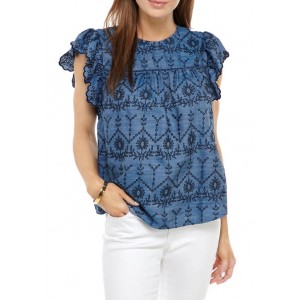 Crown & Ivy™ Women's Flutter Sleeve Embroidered Top