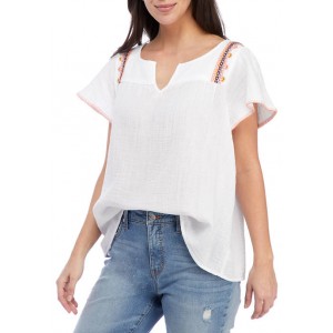 New Directions® Women's Short Sleeve Embroidered Split Neck Blouse 