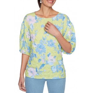 Ruby Rd Women's Floral Puckered Textured Puff Sleeve Top 