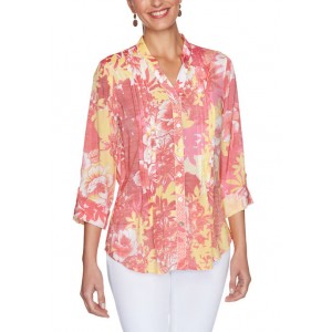 Ruby Rd Women's Pleated Floral Patchwork Printed Button Up Top 