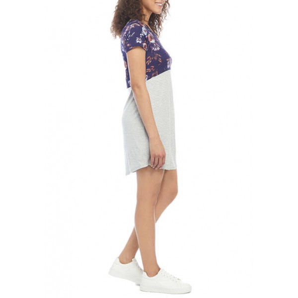 Eyeshadow Junior's Short Sleeve Color Block Floral Stripe Dress