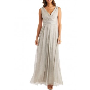 RM Richards Pleated Crinkle Long Grecian Dress with Beaded Waist Detail