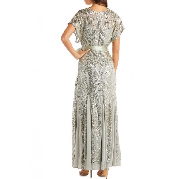 RM Richards Scoop Neck Full Sequin Long Gown with Chiffon Inset Panels