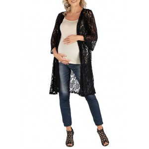 24seven Comfort Apparel Maternity Sheer Black Lace Open Front Cardigan 