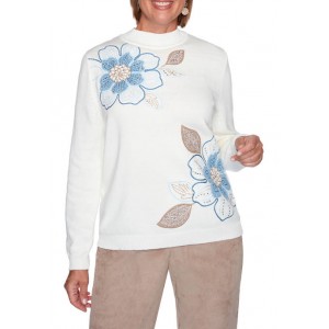 Alfred Dunner Women's Dover Cliffs Asymmetric Floral Embroidered Sweater 